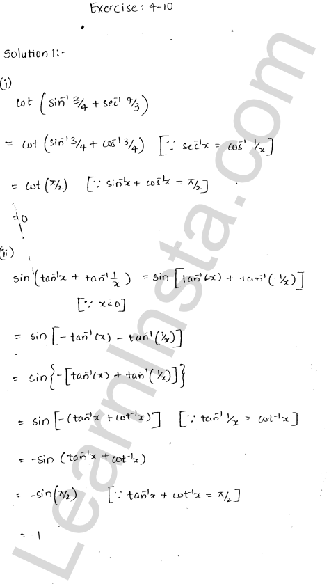 RD Sharma Class 12 Solutions Chapter 4 Inverse Trigonometric Functions Ex 4.10 1.1