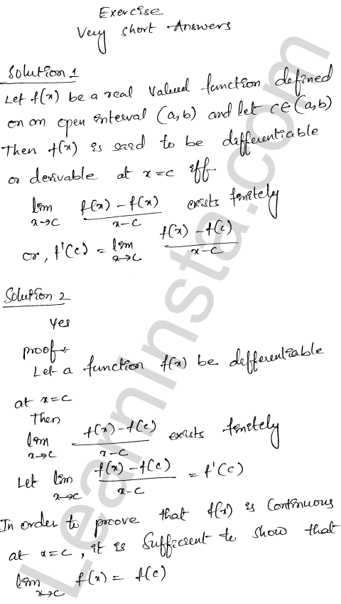 RD Sharma Class 12 Solutions Chapter 10 Differentiability VSAQ 1.1
