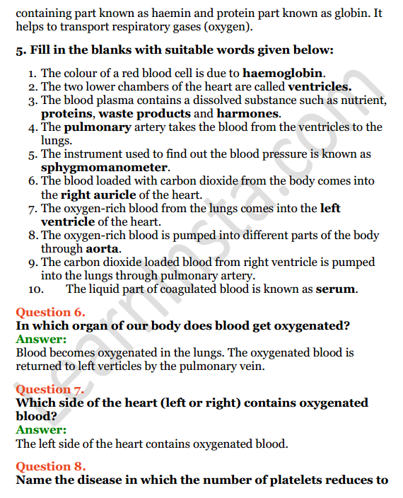 Selina Concise Biology Class 6 ICSE Solutions Chapter 6 The Circulatory System 5