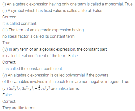 ML Aggarwal Class 8 Solutions for ICSE Maths Chapter 10 Algebraic Expressions and Identities Objective Type Questions 2