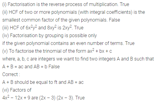 ML Aggarwal Class 8 Solutions for ICSE Maths Chapter 11 Factorisation Objective Type Questions 2