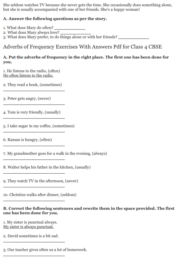 Adverbs of Frequency Exercises for Class 4 CBSE with Answers 2