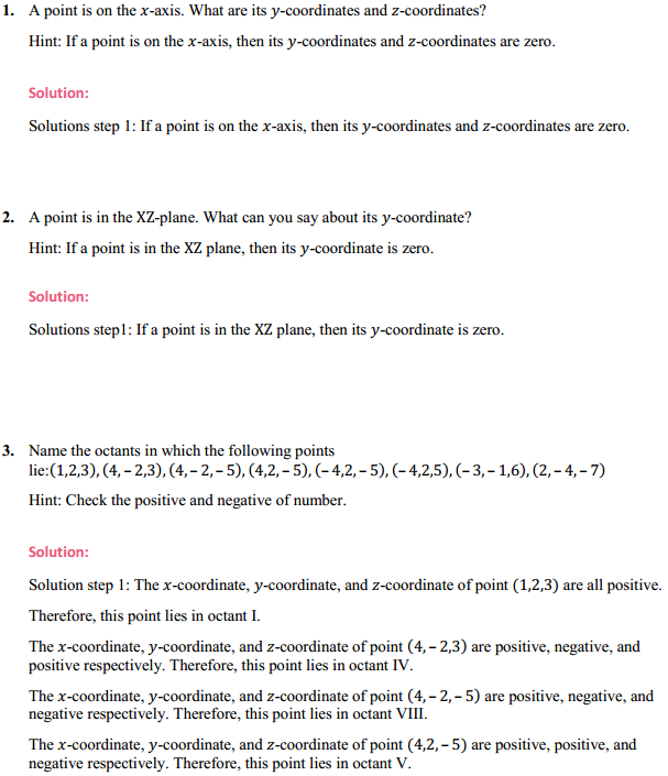 NCERT Solutions for Class 11 Maths Chapter 12 Introduction to three Dimensional Geometry Ex 12.1 1