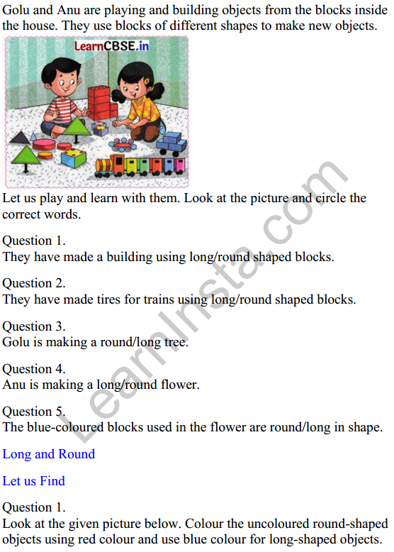 Joyful Class 1 Mathematics Worksheet Chapter 2 What is Long What is Round (Shapes) 1