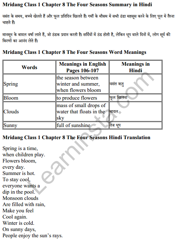Mridang Class 1 English Solutions Chapter 8 The Four Seasons 8