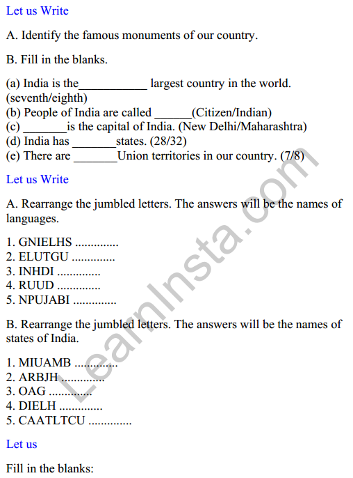 Mridang Class 2 English Worksheet Chapter 13 We Are All Indians 1