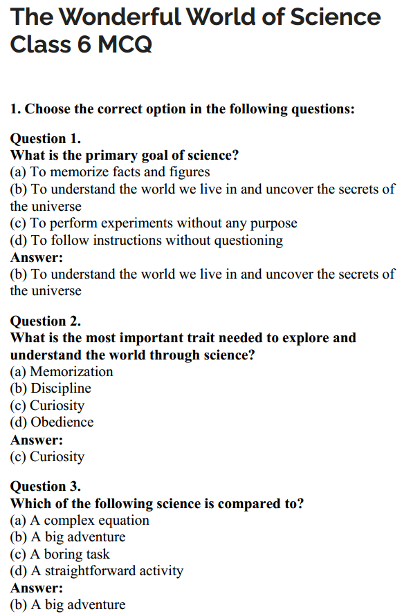 The Wonderful World of Science Class 6 MCQ
